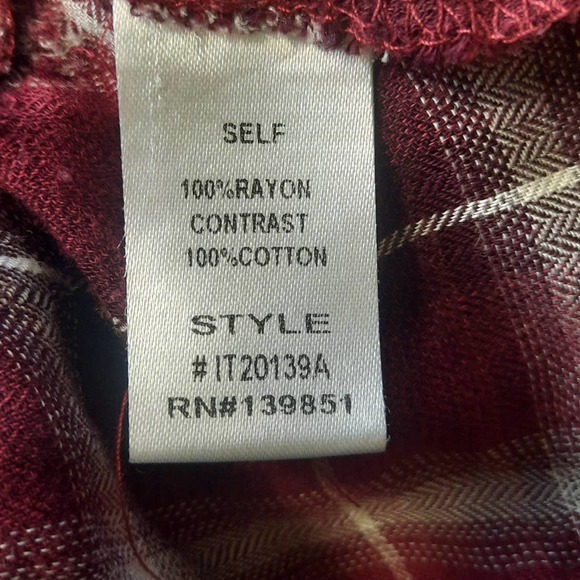 Altered State Self Burgundy White Floral Plaid ButtonUp Tiered Frayed Hem Top MD - Picture 5 of 6